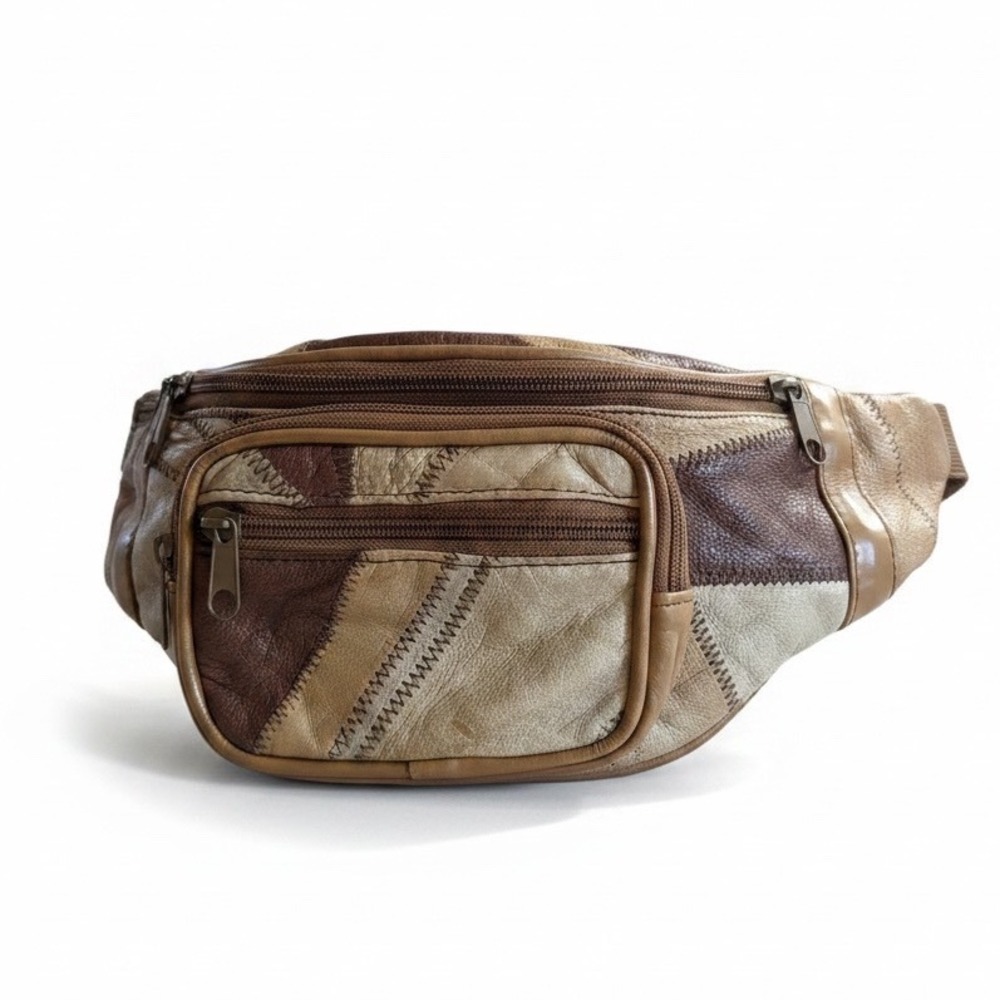 Waist Pack OS Brown Patchwork Leather Multi-Pocket Vintage Gorpcore